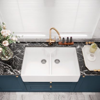 [BKS215W] Traditional Double Bowl Fireclay Ceramic Butler Kitchen Sink with Stepped Weir & Tap Ledge and Chrome Basket Strainer Wastes - 895mm - Lifestyle 2