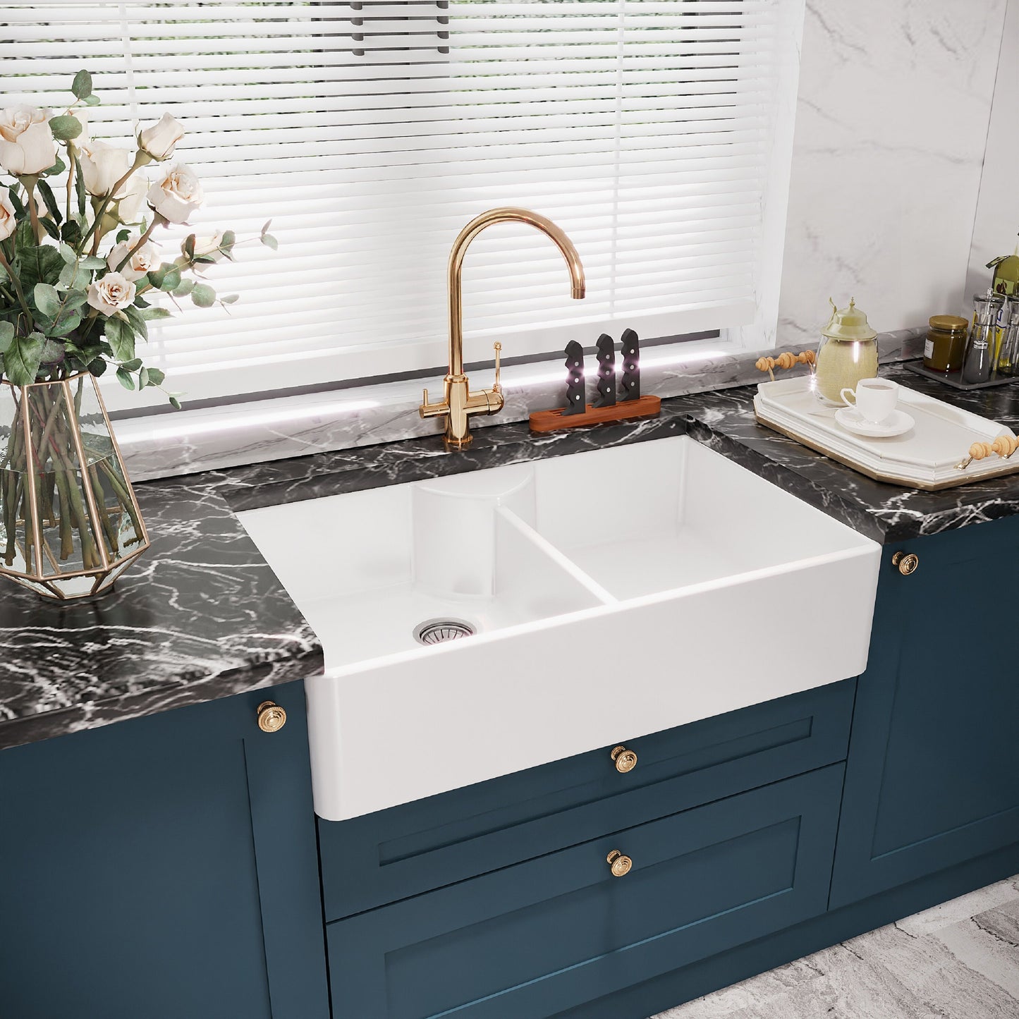 [BKS215W] Traditional Double Bowl Fireclay Ceramic Butler Kitchen Sink with Stepped Weir & Tap Ledge and Chrome Basket Strainer Wastes - 895mm - Lifestyle 3