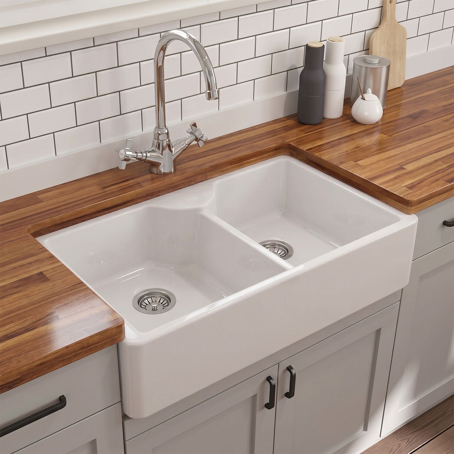 [BKS215W] Traditional 2 Bowl Fireclay Butler Kitchen Sink - Stepped Weir, Tap Ledge  & Wastes - 795mm - Silo
