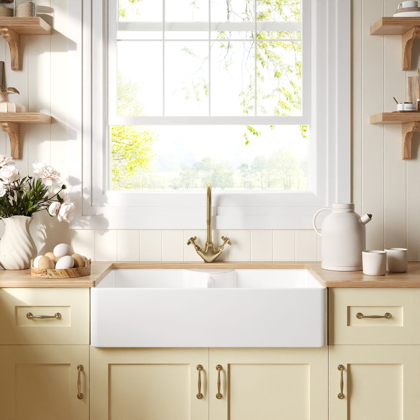 [BKS215] Double Bowl Fireclay Ceramic Stepped Weir Butler Kitchen Sink - Multiple Styles Available - Lifestyle 1