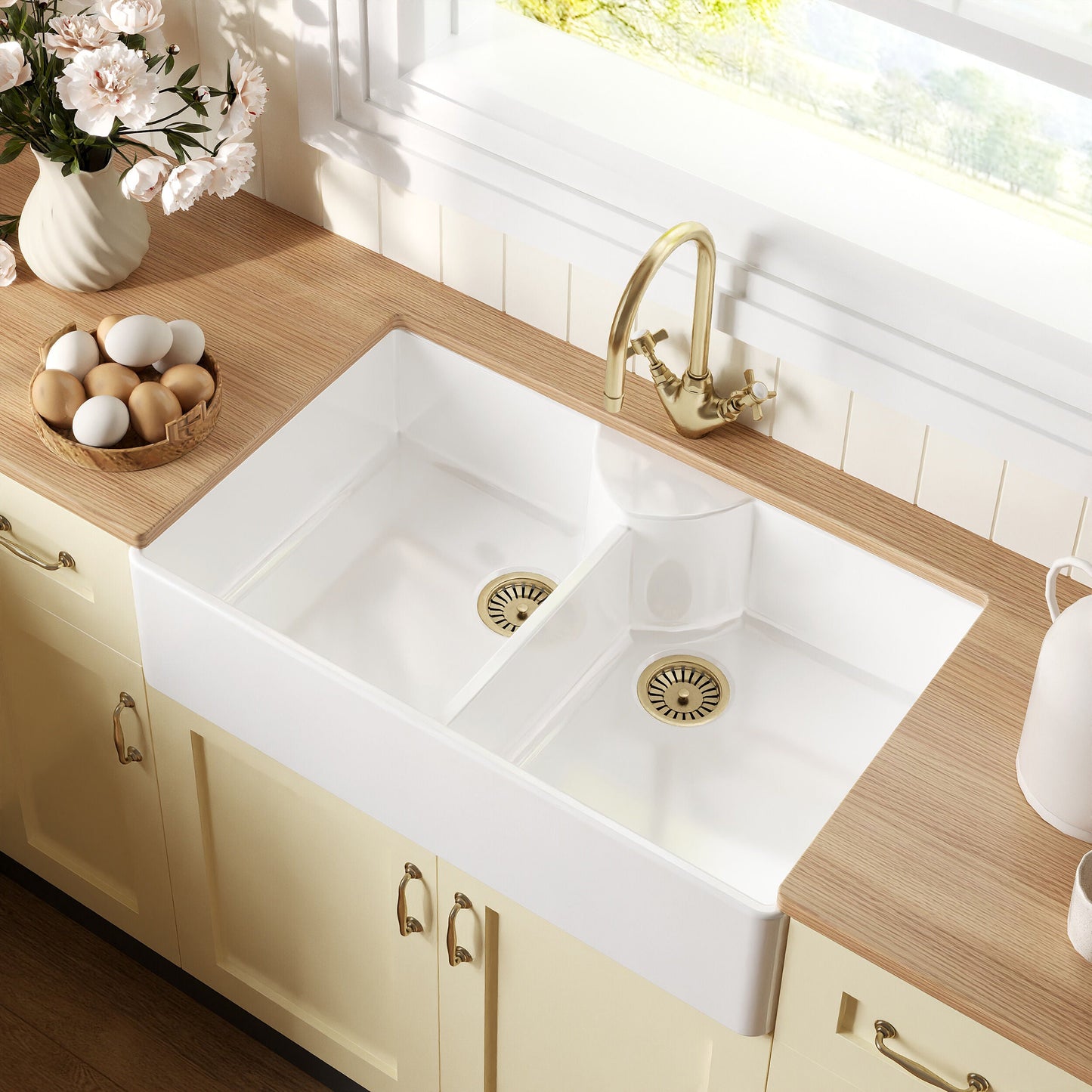 [BKS215] Double Bowl Fireclay Ceramic Stepped Weir Butler Kitchen Sink - Multiple Styles Available - Lifestyle 2