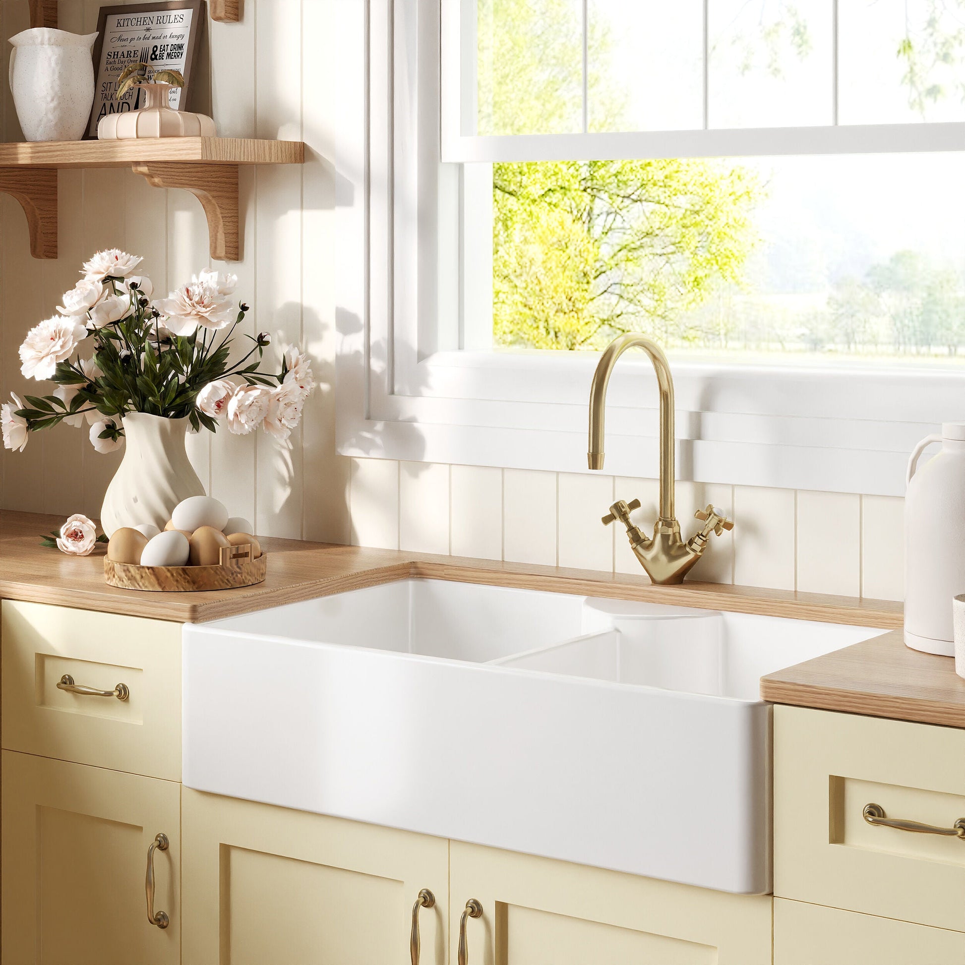 [BKS215] Double Bowl Fireclay Ceramic Stepped Weir Butler Kitchen Sink - Multiple Styles Available - Lifestyle 3