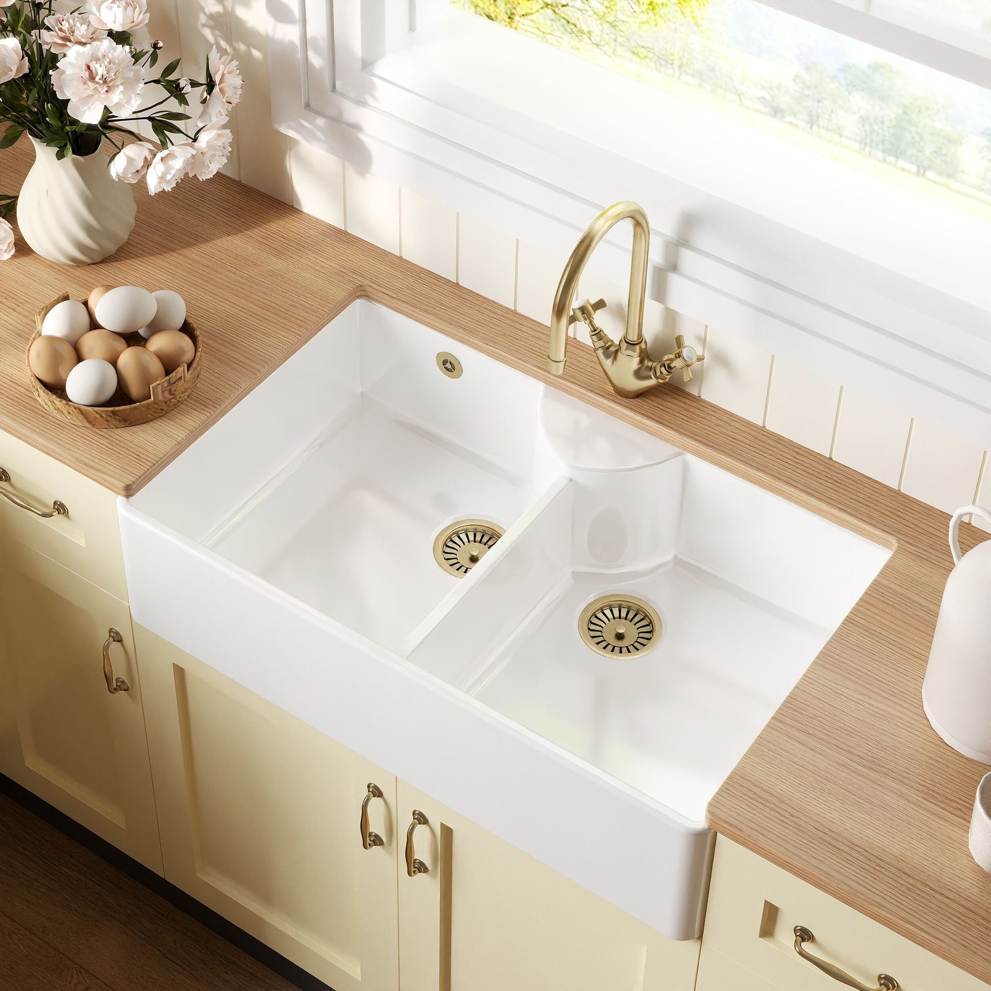 [BKS216WT11] Traditional Fireclay Kitchen Bundle: Double Bowl Stepped Weir Butler Sink, Wastes & Mono Crosshead Tap, 895mm - Brushed Brass - Lifestyle 2