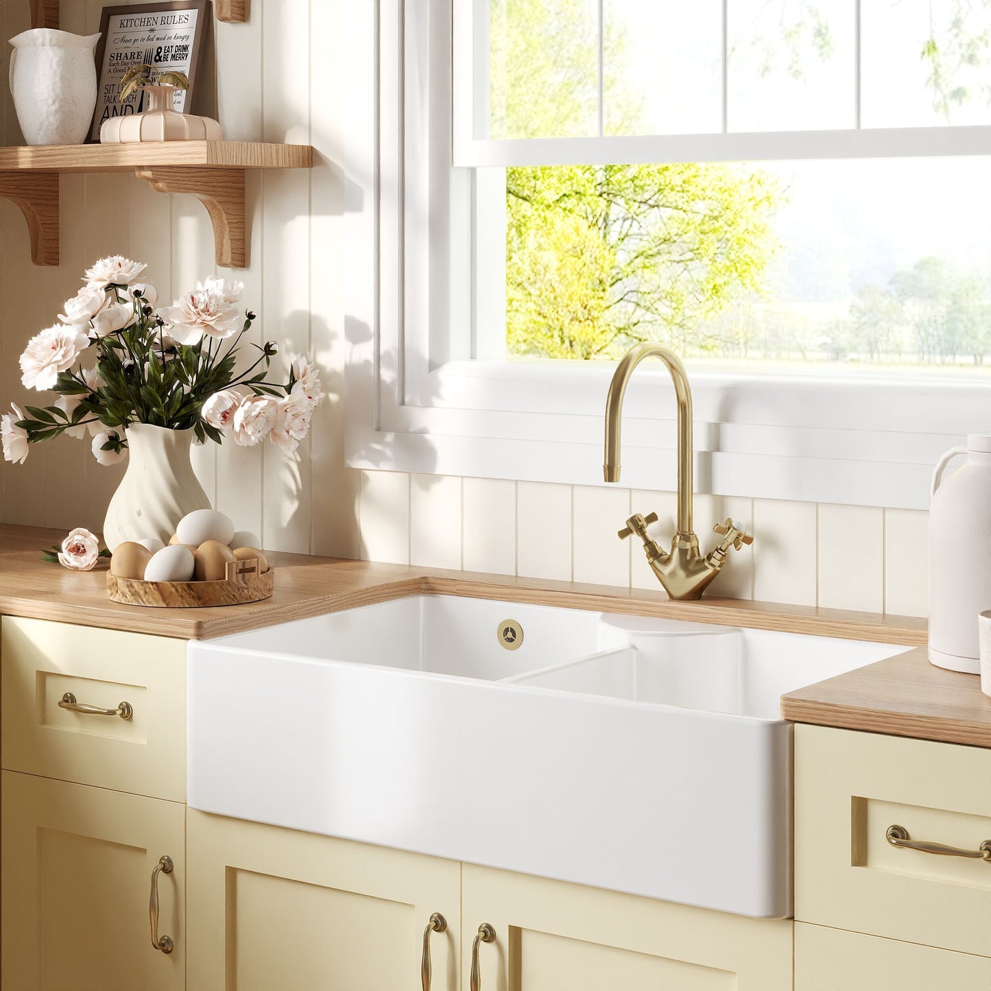 [BKS216WT11] Traditional Fireclay Kitchen Bundle: Double Bowl Stepped Weir Butler Sink, Wastes & Mono Crosshead Tap, 895mm - Brushed Brass - Lifestyle 3
