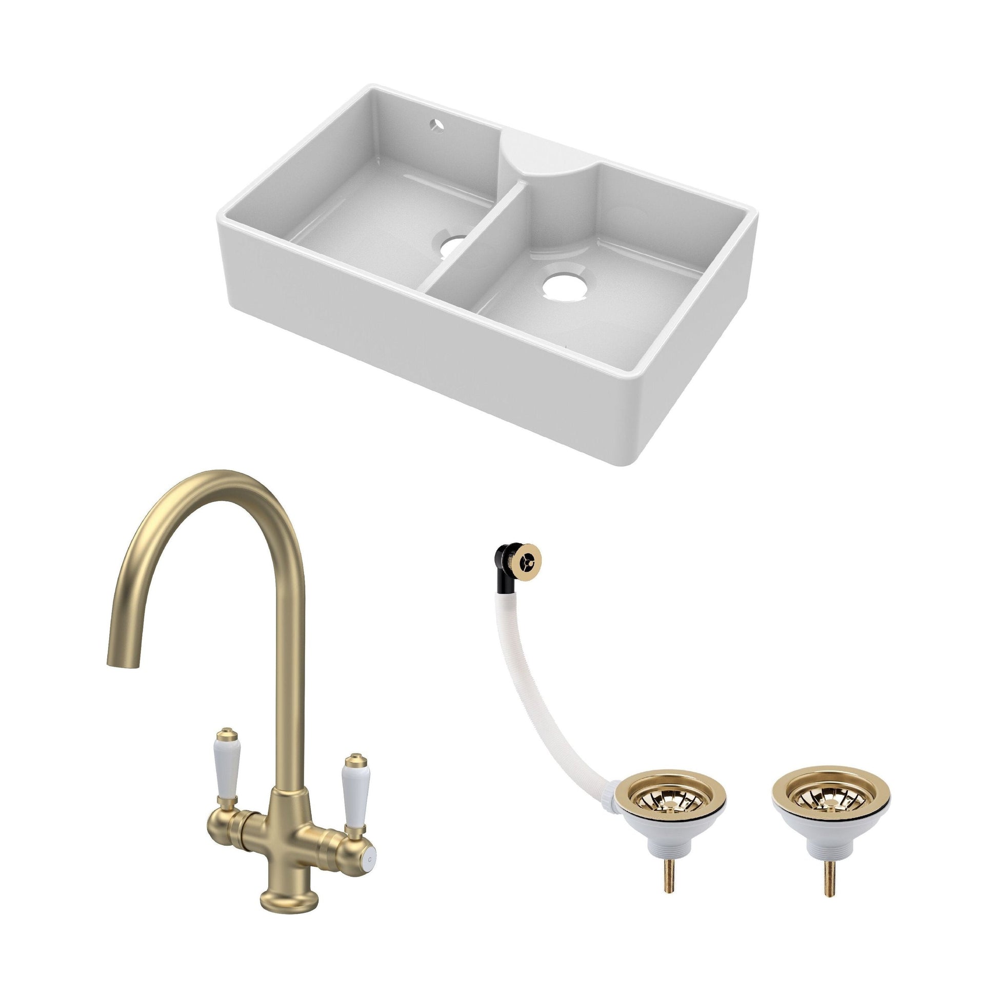[BKS216WT12] Traditional Fireclay Kitchen Bundle: Double Bowl Stepped Weir Butler Sink with Wastes & Mono Lever Tap, 895mm - Brushed Brass - Cutout
