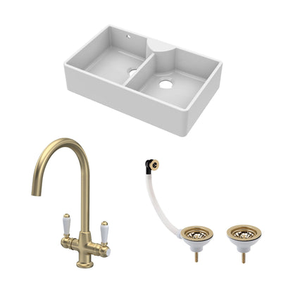 [BKS216WT12] Traditional Fireclay Kitchen Bundle: Double Bowl Stepped Weir Butler Sink with Wastes & Mono Lever Tap, 895mm - Brushed Brass - Cutout
