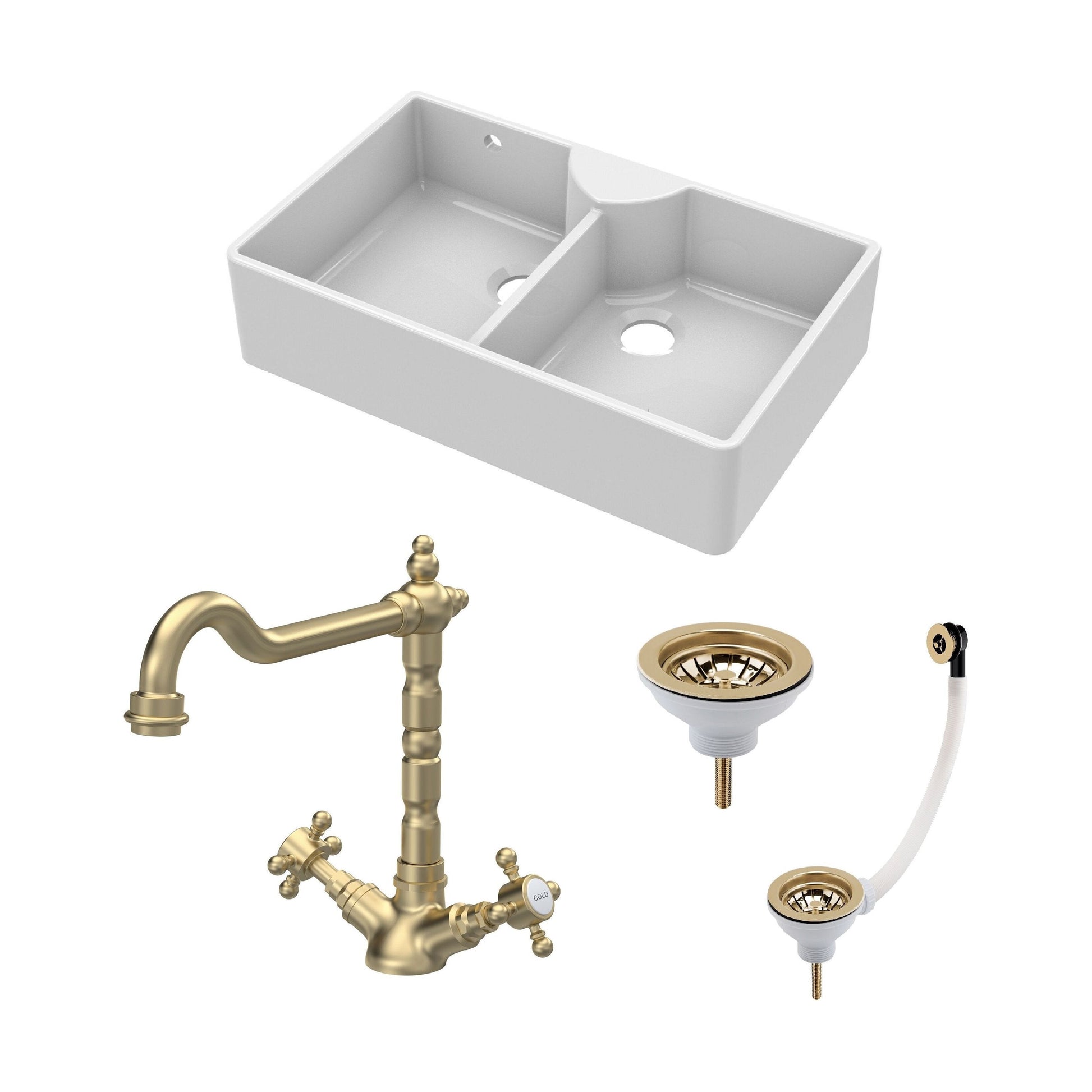 [BKS216WT13] Traditional Fireclay Kitchen Bundle: Double Bowl Stepped Weir Butler Sink, Wastes & French Classic Tap, 895mm - Brushed Brass - Cutout