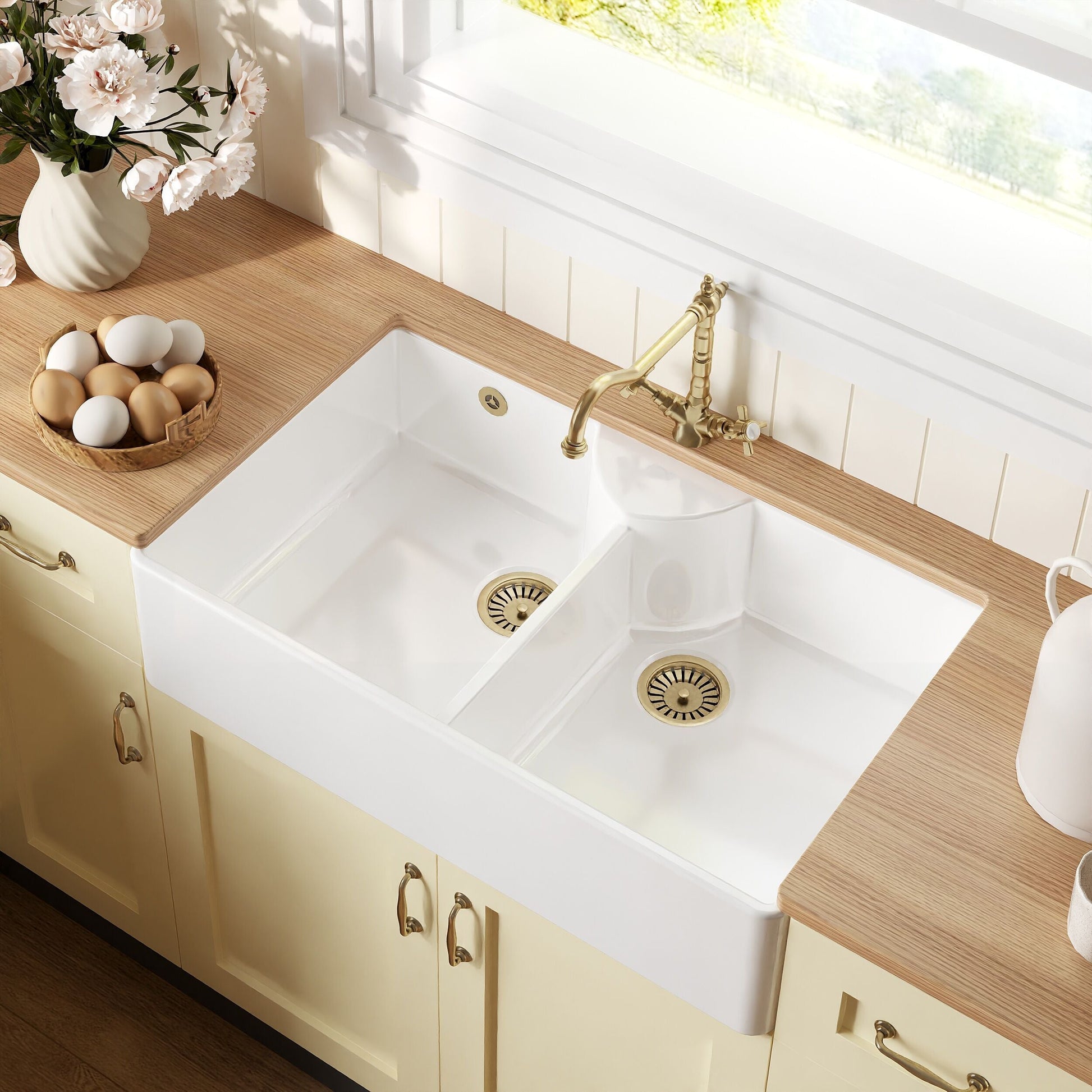 [BKS216WT13] Traditional Fireclay Kitchen Bundle: Double Bowl Stepped Weir Butler Sink, Wastes & French Classic Tap, 895mm - Brushed Brass - Lifestyle 2