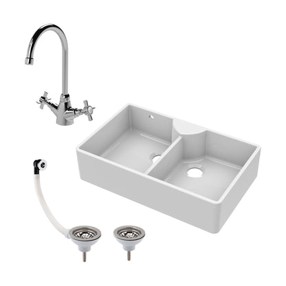 [BKS216WT2] Double Bowl Fireclay Ceramic Butler Kitchen Sink Bundle with Stepped Weir, Mixer Tap & Wastes - Cutout