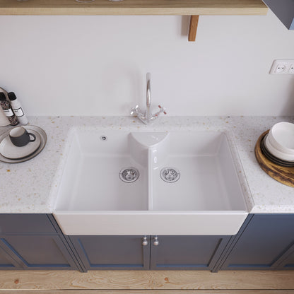 [BKS216WT2] Double Bowl Fireclay Ceramic Butler Kitchen Sink Bundle with Stepped Weir, Mixer Tap & Wastes - Lifestyle 2