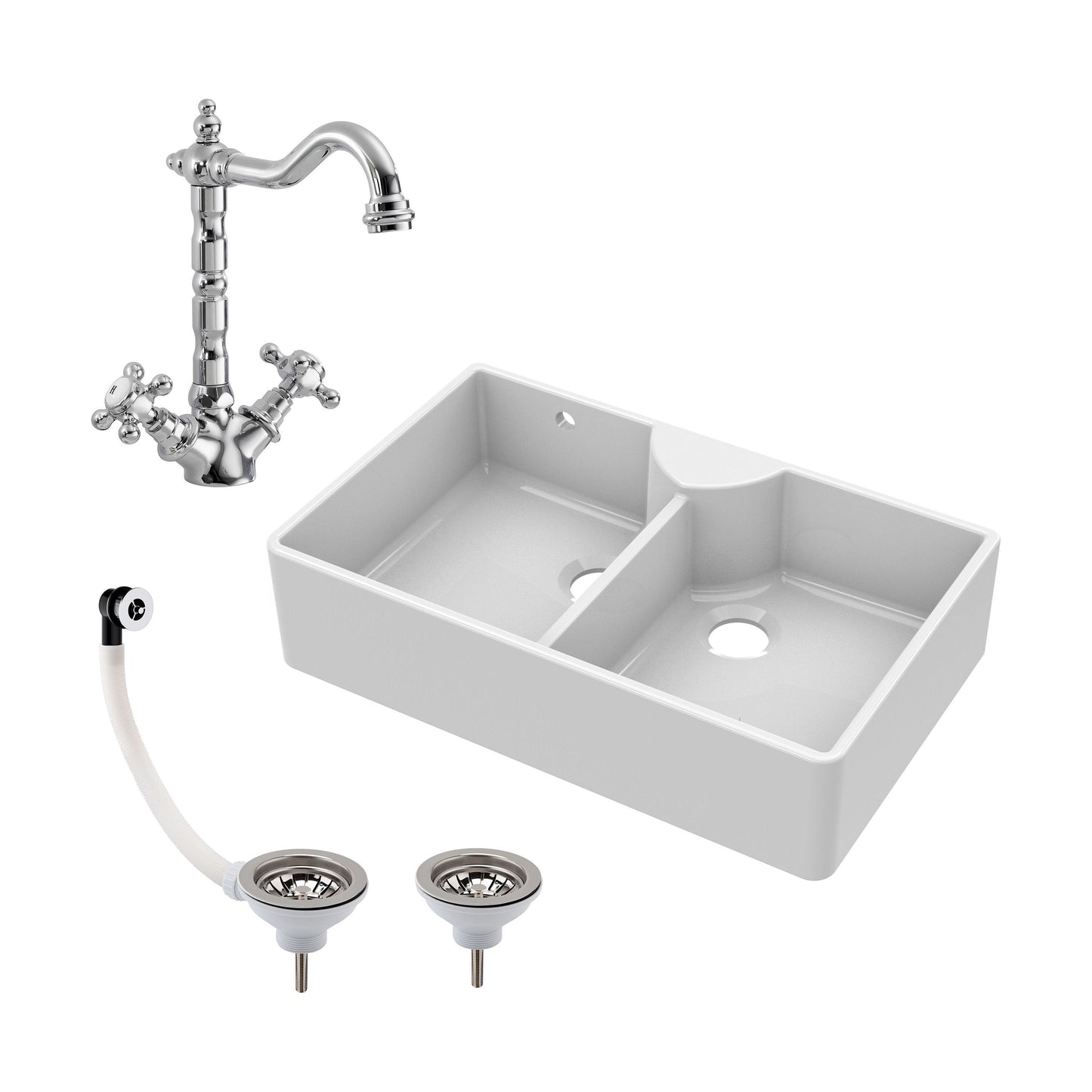 [BKS216WT4] Double Bowl Fireclay Ceramic Butler Kitchen Sink Bundle with Stepped Weir, Classic Tap & Wastes - Cutout
