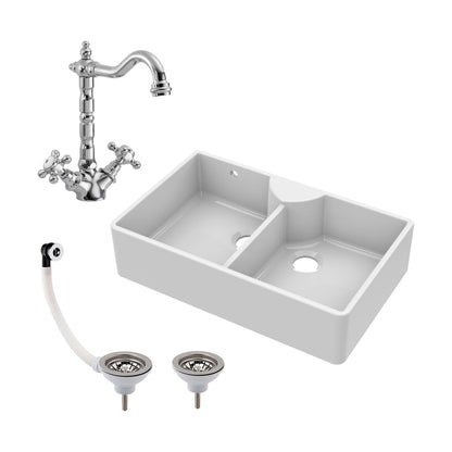 [BKS216WT4] Double Bowl Fireclay Ceramic Butler Kitchen Sink Bundle with Stepped Weir, Classic Tap & Wastes - Cutout