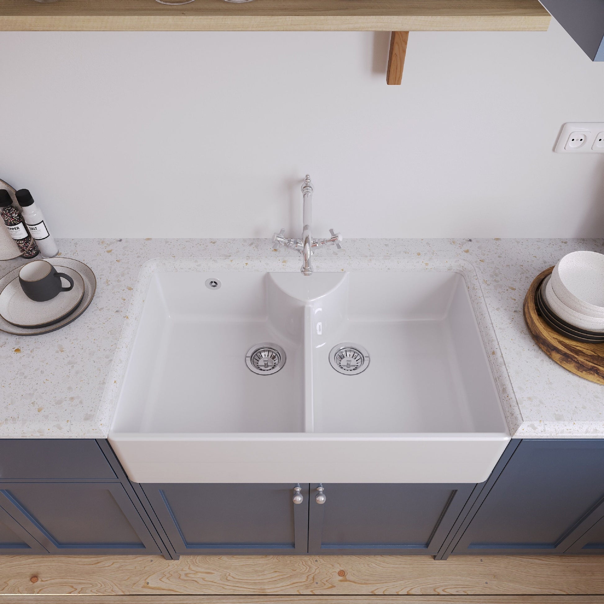 [BKS216WT4] Double Bowl Fireclay Ceramic Butler Kitchen Sink Bundle with Stepped Weir, Classic Tap & Wastes - Lifestyle 2