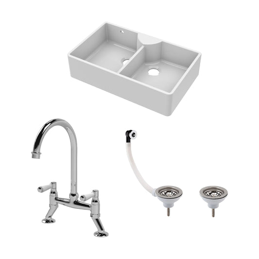 [BKS216WT5] Traditional Fireclay Kitchen Bundle: Double Bowl Stepped Weir Butler Sink, Wastes & Bridge Lever Tap, 895mm - Chrome - Cutout
