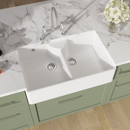 [BKS216WT5] Traditional Fireclay Kitchen Bundle: Double Bowl Stepped Weir Butler Sink, Wastes & Bridge Lever Tap, 895mm - Chrome - Lifestyle 2