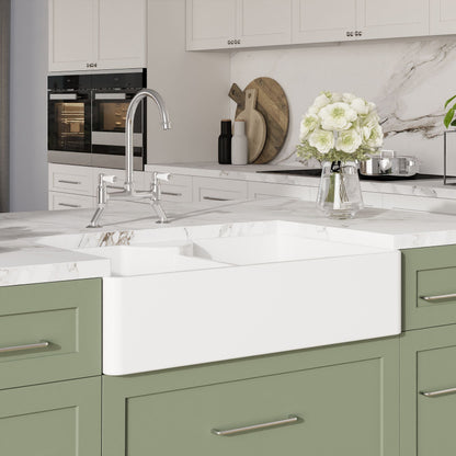 [BKS216WT5] Traditional Fireclay Kitchen Bundle: Double Bowl Stepped Weir Butler Sink, Wastes & Bridge Lever Tap, 895mm - Chrome - Lifestyle 3