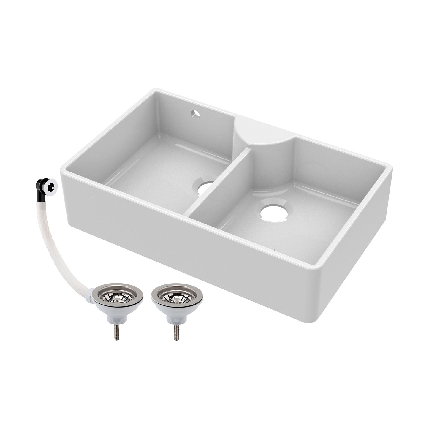 [BKS216W] Traditional Double Bowl Fireclay Ceramic Butler Kitchen Sink with Stepped Weir, Tap Ledge & Overflow and Chrome Basket Strainer Wastes - 895mm - Cutout