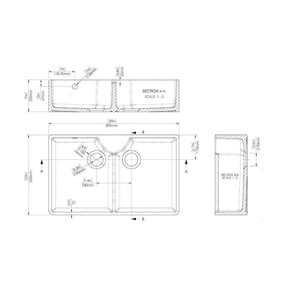 [BKS216W] Traditional Double Bowl Fireclay Ceramic Butler Kitchen Sink with Stepped Weir, Tap Ledge & Overflow and Chrome Basket Strainer Wastes - 895mm - Technical Drawing