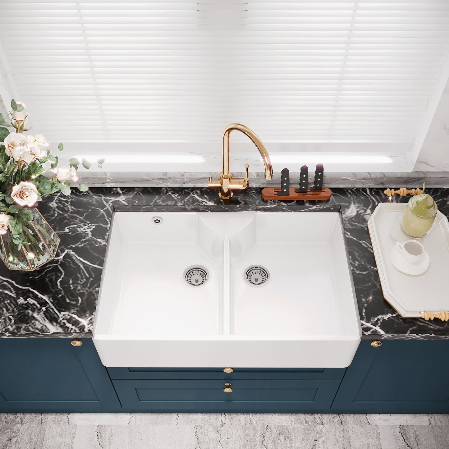[BKS216W] Traditional Double Bowl Fireclay Ceramic Butler Kitchen Sink with Stepped Weir, Tap Ledge & Overflow and Chrome Basket Strainer Wastes - 895mm - Lifestyle 2