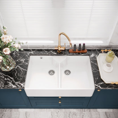 [BKS216W] Traditional Double Bowl Fireclay Ceramic Butler Kitchen Sink with Stepped Weir, Tap Ledge & Overflow and Chrome Basket Strainer Wastes - 895mm - Lifestyle 2