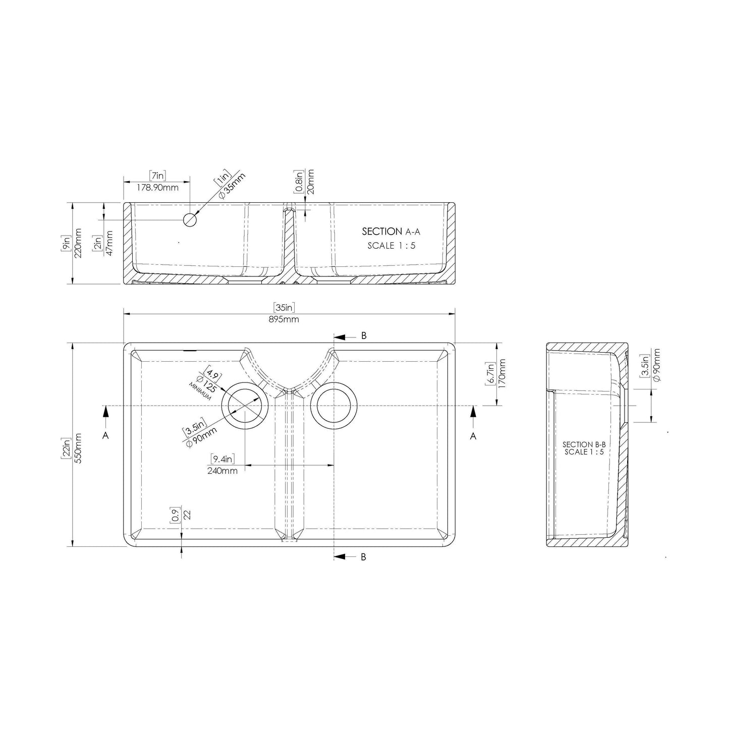 [BKS216] Double Bowl Fireclay Ceramic Stepped Weir Butler Kitchen Sink - Multiple Styles Available - Technical Drawing