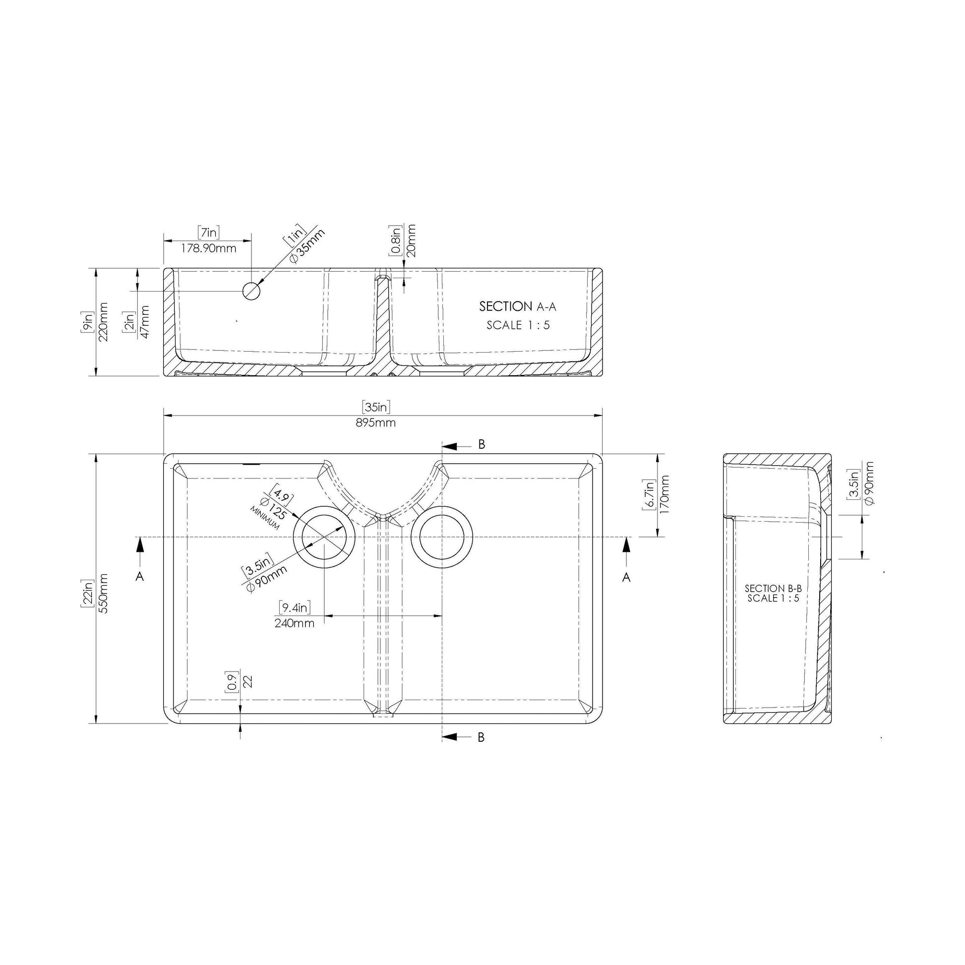 [BKS216] Double Bowl Fireclay Ceramic Stepped Weir Butler Kitchen Sink - Multiple Styles Available - Technical Drawing