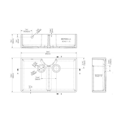 [BKS216] Double Bowl Fireclay Ceramic Stepped Weir Butler Kitchen Sink - Multiple Styles Available - Technical Drawing