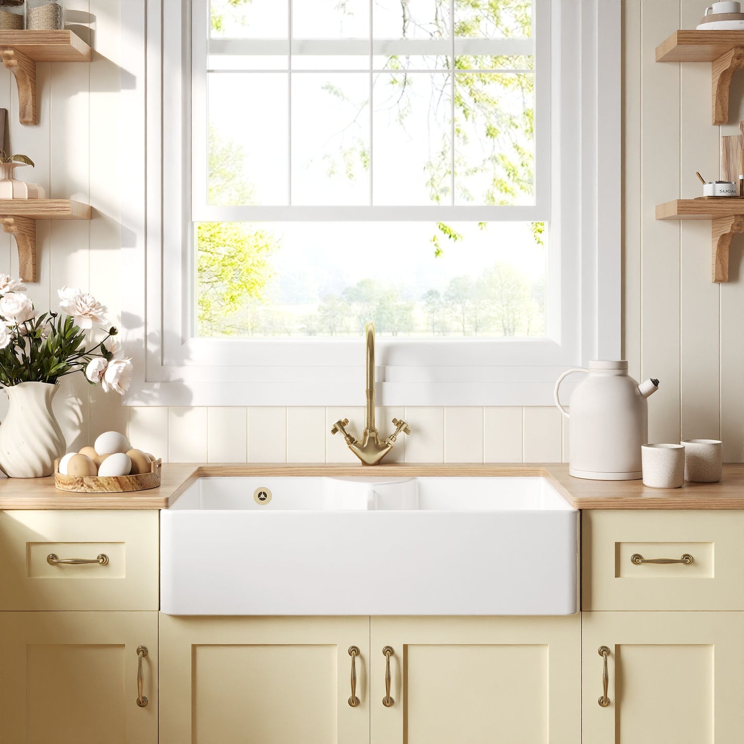 [BKS216] Double Bowl Fireclay Ceramic Stepped Weir Butler Kitchen Sink - Multiple Styles Available - Lifestyle 1