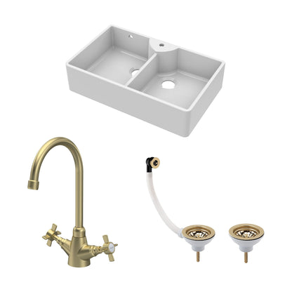 [BKS217WT11] Traditional Fireclay Kitchen Sink Bundle: Double Bowl Butler 1 Tap Hole Design with Wastes & Mono Tap, 895mm - Brushed Brass - Cutout