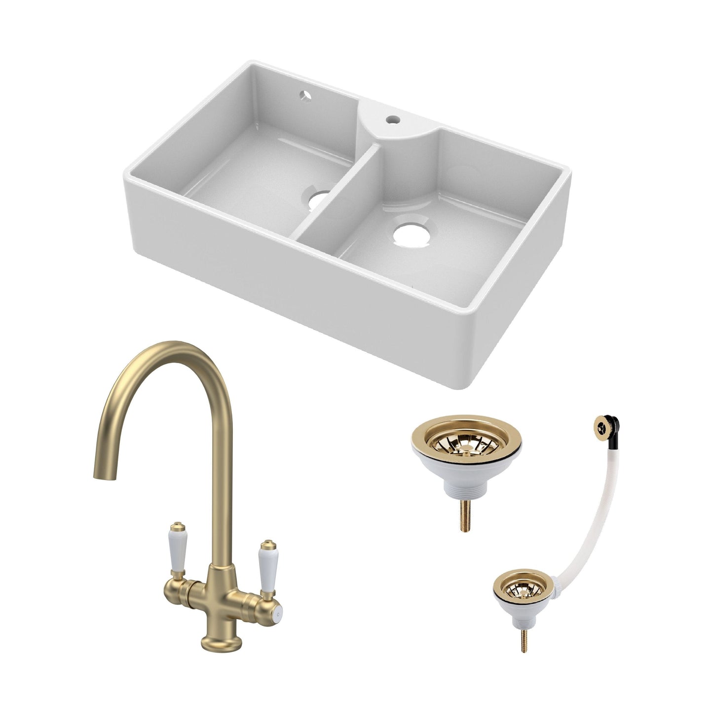 [BKS217WT12] Traditional Fireclay Kitchen Sink Bundle: Double Bowl Butler 1 Tap Hole, Wastes & Mono Tap, 895mm - Brushed Brass - Cutout