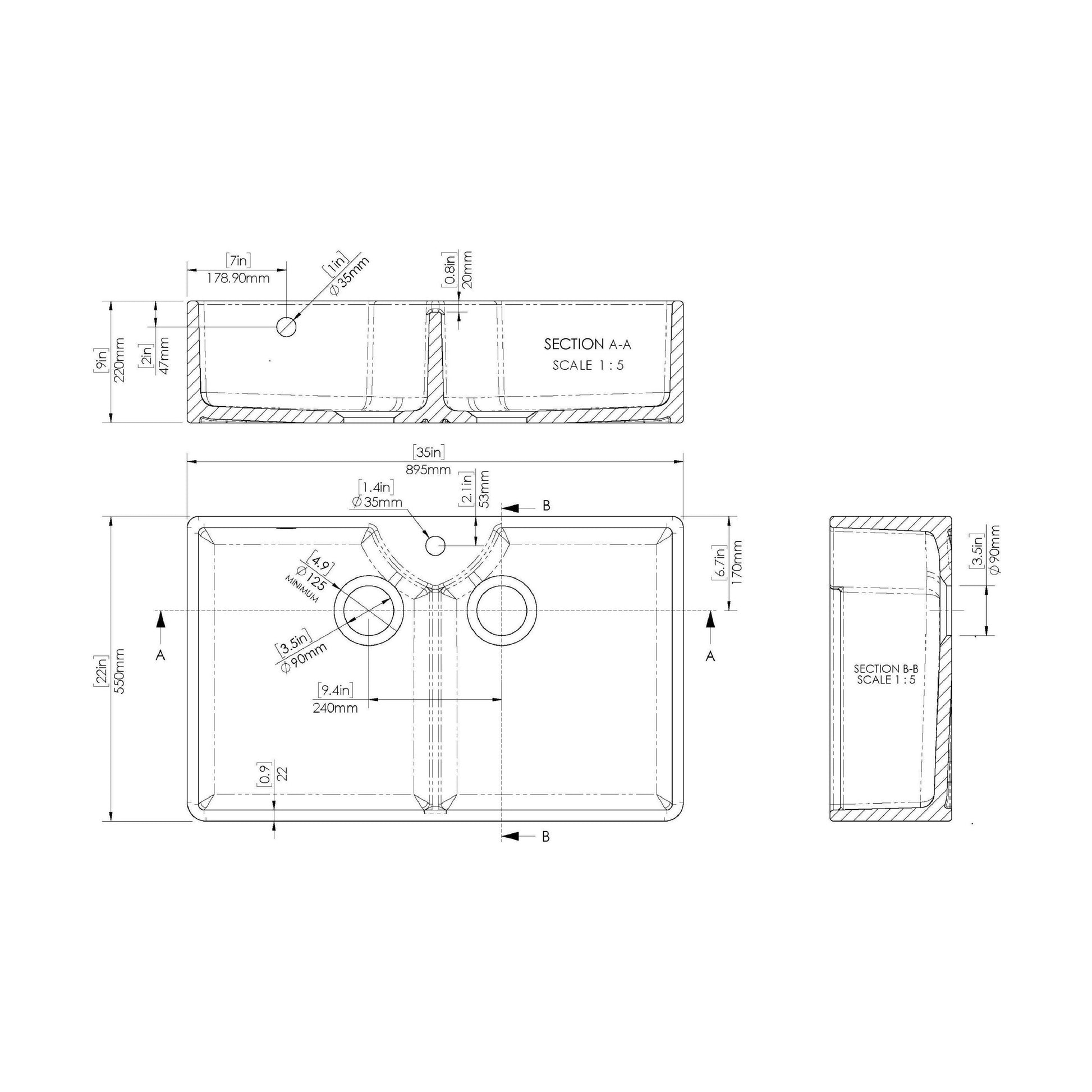 [BKS217WT2] Traditional Double Bowl Fireclay Ceramic Butler Kitchen Sink Bundle with Overflow, Mixer Tap & Wastes - 895mm - Technical Drawing