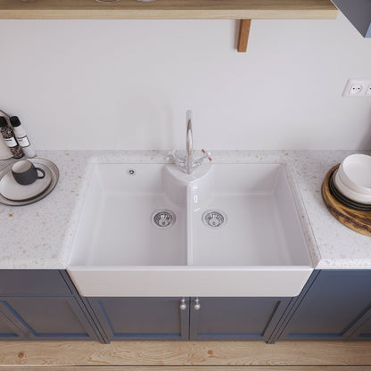 [BKS217WT2] Traditional Double Bowl Fireclay Ceramic Butler Kitchen Sink Bundle with Overflow, Mixer Tap & Wastes - 895mm - Lifestyle 2