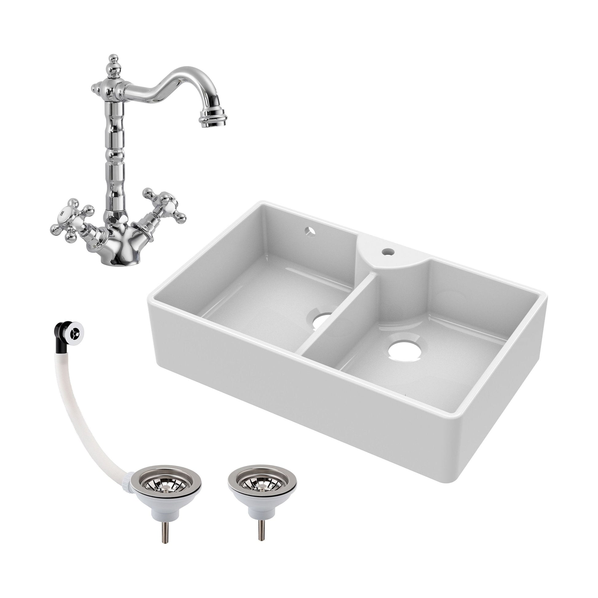 [BKS217WT4] Traditional Double Bowl Fireclay Butler Kitchen Sink Bundle with Overflow, Classic Tap & Wastes - 895mm - Cutout