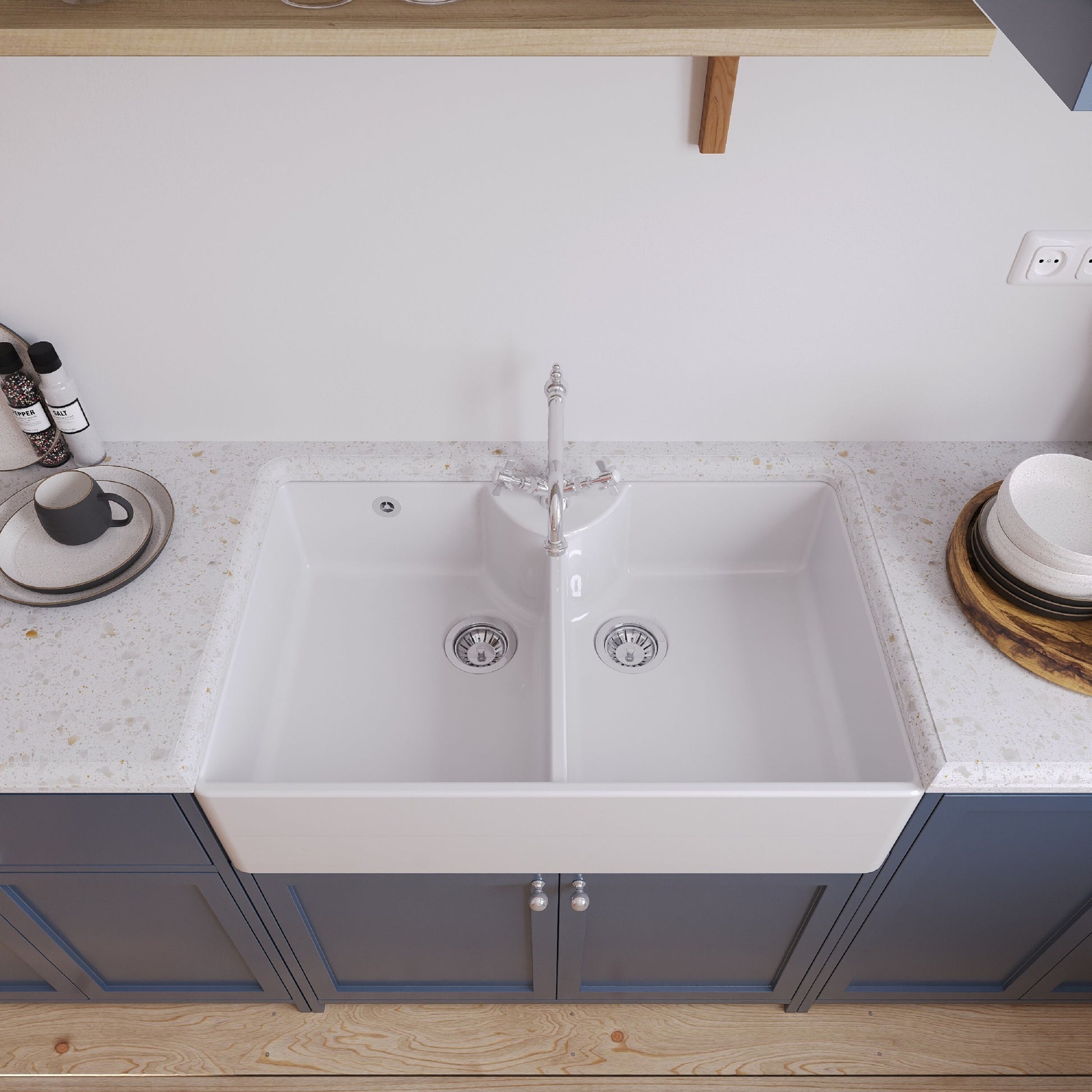 [BKS217WT4] Traditional Double Bowl Fireclay Butler Kitchen Sink Bundle with Overflow, Classic Tap & Wastes - 895mm - Lifestyle 2