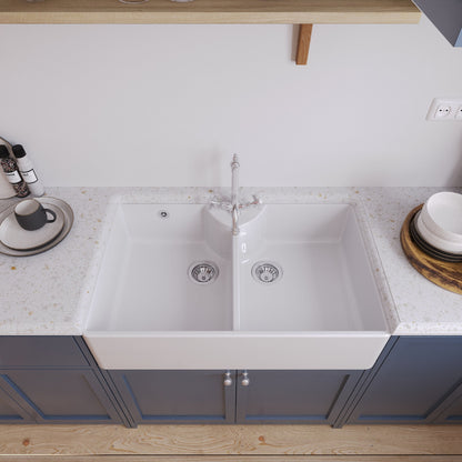 [BKS217WT4] Traditional Double Bowl Fireclay Butler Kitchen Sink Bundle with Overflow, Classic Tap & Wastes - 895mm - Lifestyle 2