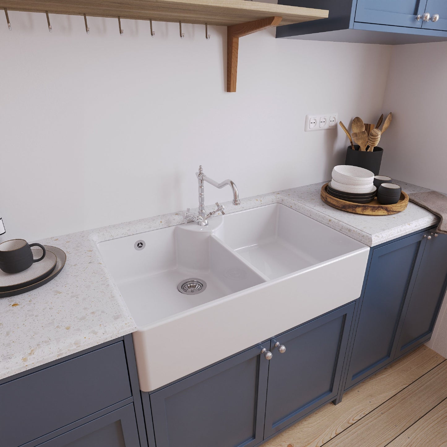 [BKS217WT4] Traditional Double Bowl Fireclay Butler Kitchen Sink Bundle with Overflow, Classic Tap & Wastes - 895mm - Lifestyle 3
