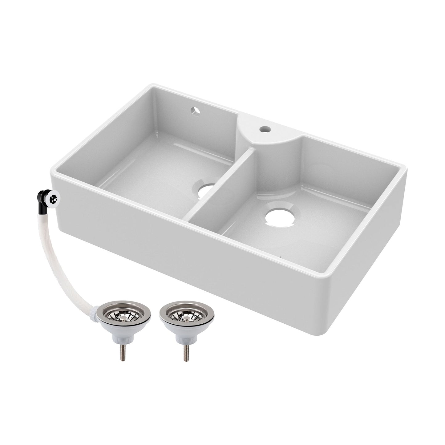 [BKS217W] Traditional Double Bowl Fireclay Ceramic Butler Kitchen Sink with Stepped Weir, Tap Hole & Overflow and Chrome Basket Strainer Wastes - 895mm - Cutout
