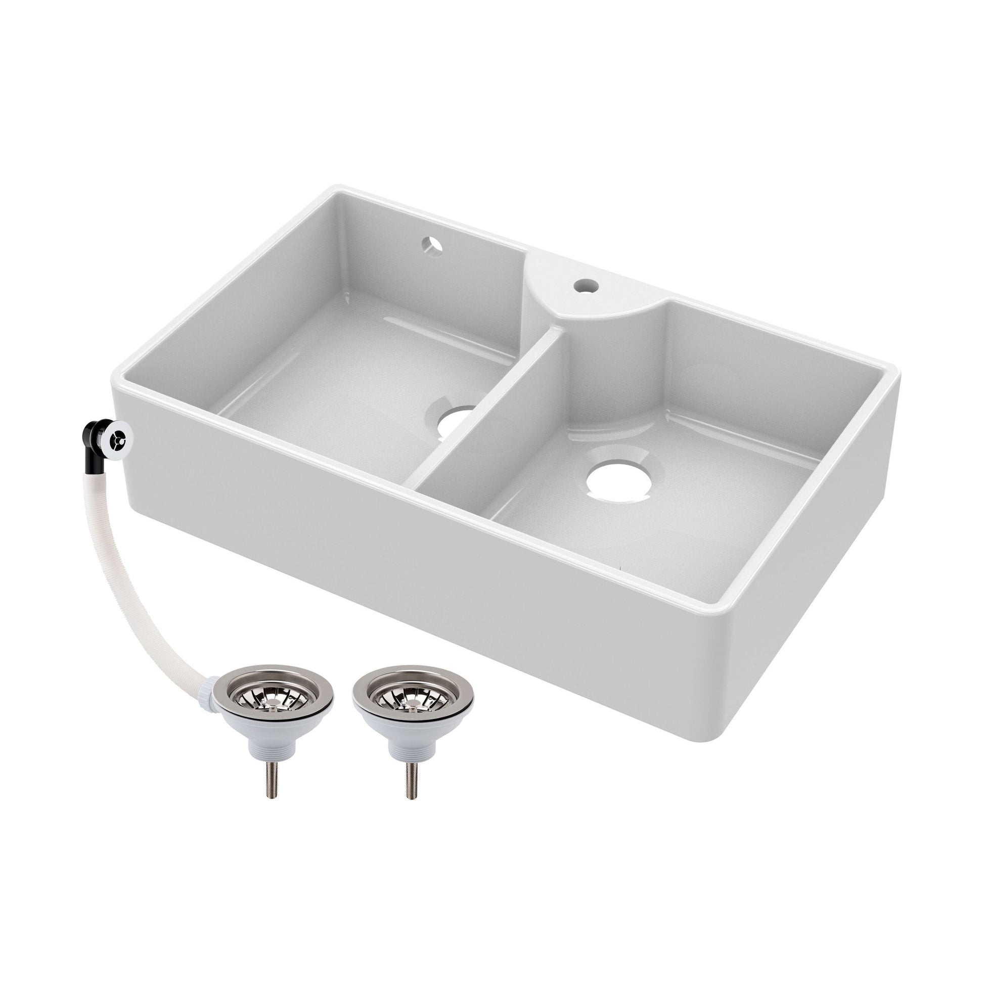 [BKS217W] Traditional Double Bowl Fireclay Ceramic Butler Kitchen Sink with Stepped Weir, Tap Hole & Overflow and Chrome Basket Strainer Wastes - 895mm - Cutout