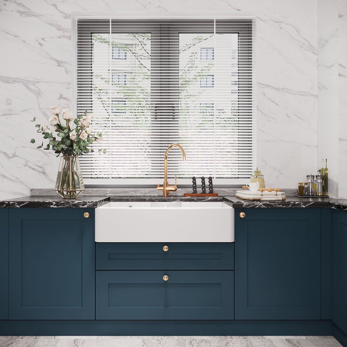 [BKS217W] Traditional Double Bowl Fireclay Ceramic Butler Kitchen Sink with Stepped Weir, Tap Hole & Overflow and Chrome Basket Strainer Wastes - 895mm - Lifestyle 1