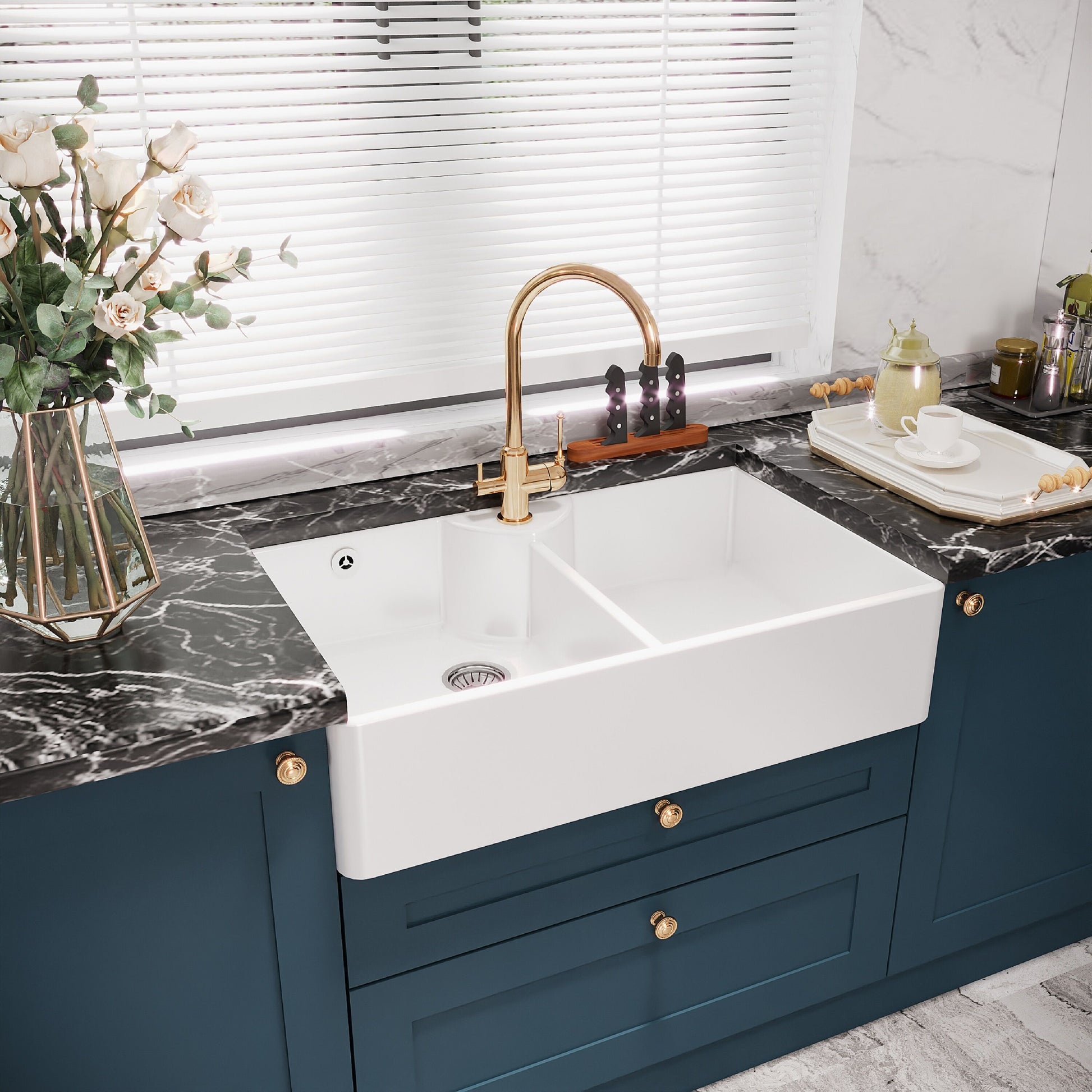 [BKS217W] Traditional Double Bowl Fireclay Ceramic Butler Kitchen Sink with Stepped Weir, Tap Hole & Overflow and Chrome Basket Strainer Wastes - 895mm - Lifestyle 3