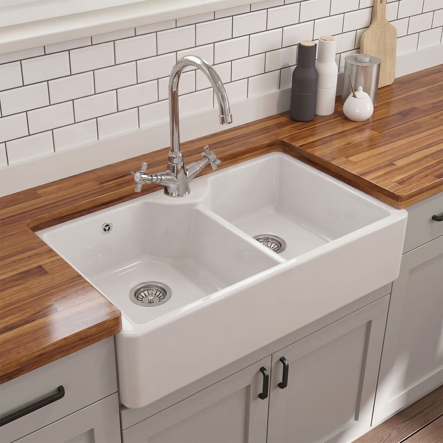 [BKS217W] Traditional 895mm 2 Bowl Fireclay Butler Kitchen Sink - Stepped Weir, Tap Hole & Waste - Silo