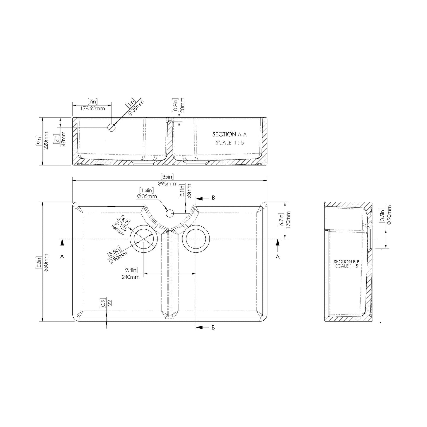[BKS217] Double Bowl Fireclay Ceramic Stepped Weir Butler Kitchen Sink - Multiple Styles Available - Technical Drawing