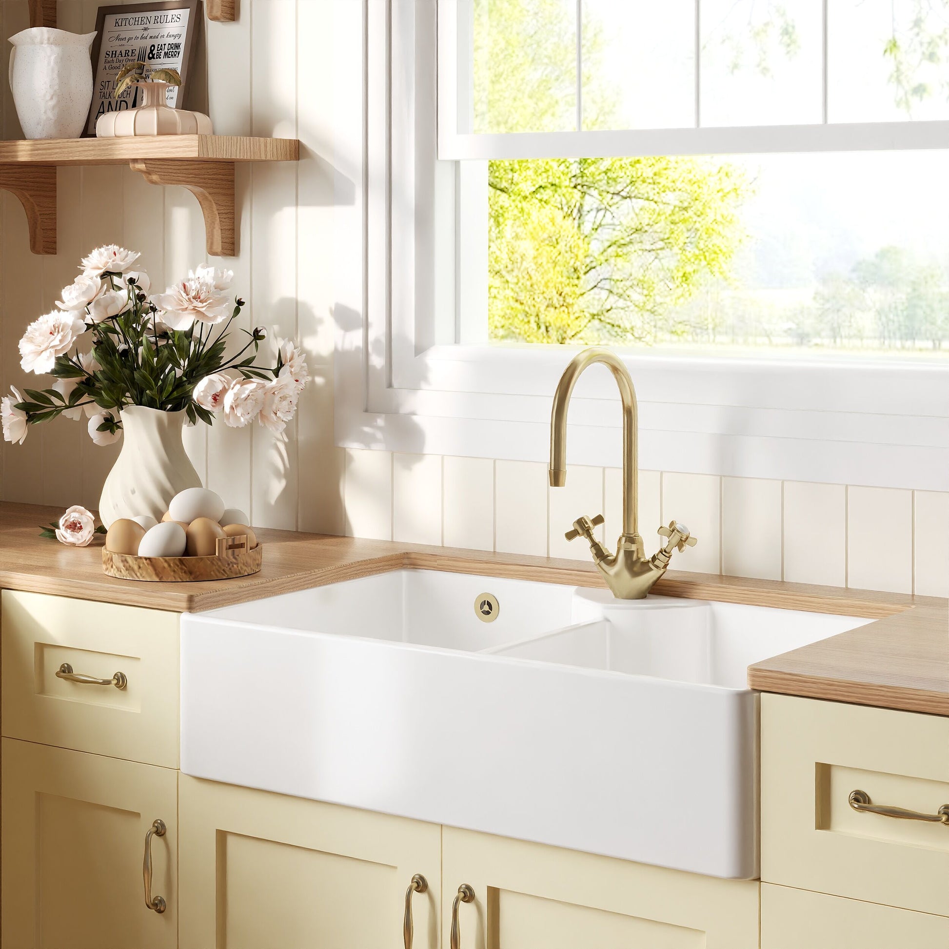 [BKS217] Double Bowl Fireclay Ceramic Stepped Weir Butler Kitchen Sink - Multiple Styles Available - Lifestyle 3