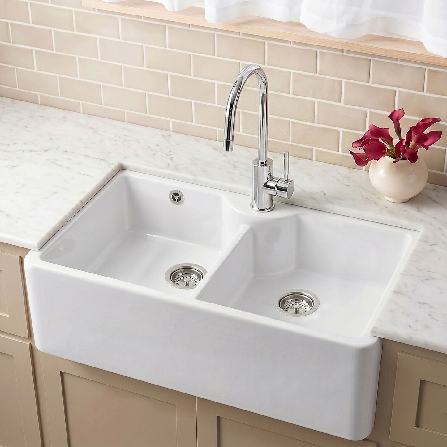 [BKS217] Double Bowl Fireclay Ceramic Stepped Weir Butler Kitchen Sink - Multiple Styles Available - Silo