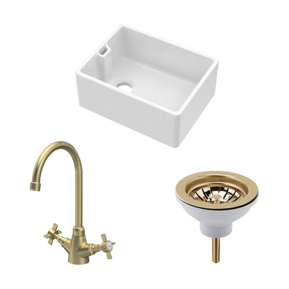[BKS218WT11] Traditional Fireclay Kitchen Bundle: Single Bowl Belfast Butler Sink with Strainer Waste & Mono Crosshead Tap, 595mm - Brushed Brass - Cutout