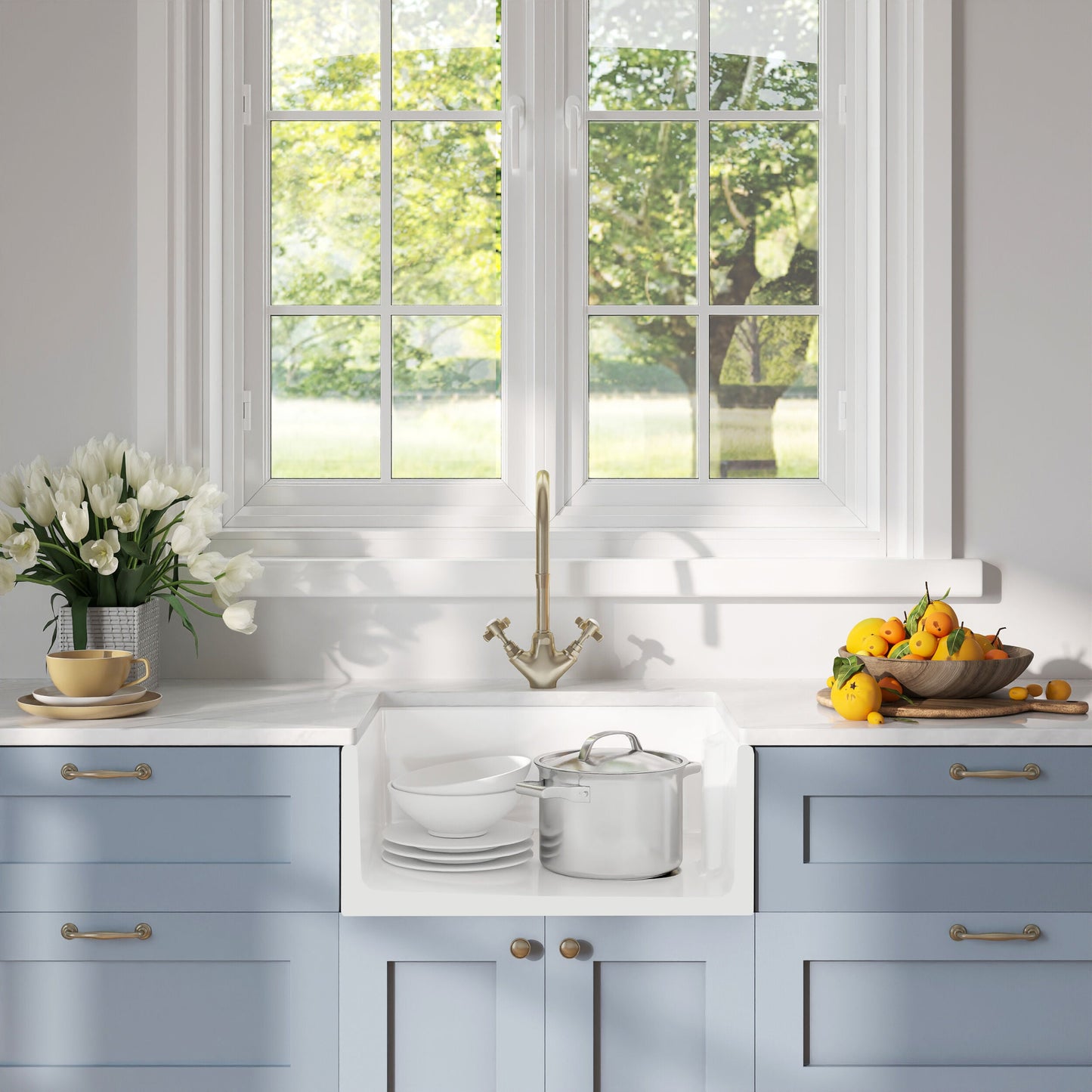 [BKS218WT11] Traditional Fireclay Kitchen Bundle: Single Bowl Belfast Butler Sink with Strainer Waste & Mono Crosshead Tap, 595mm - Brushed Brass - Lifestyle 1