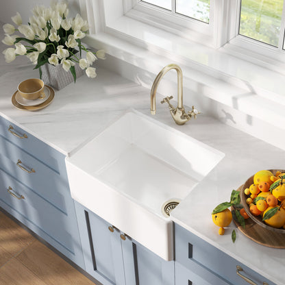 [BKS218WT11] Traditional Fireclay Kitchen Bundle: Single Bowl Belfast Butler Sink with Strainer Waste & Mono Crosshead Tap, 595mm - Brushed Brass - Lifestyle 2