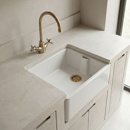 [BKS218WT11] Traditional Fireclay Kitchen Bundle: Single Bowl Belfast Butler Sink with Strainer Waste & Mono Crosshead Tap, 595mm - Brushed Brass - Silo