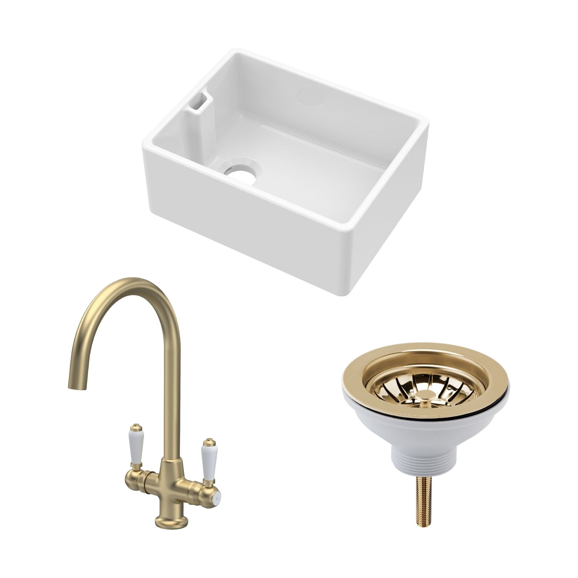 [BKS218WT12] Traditional Fireclay Kitchen Bundle: 1 Bowl Belfast Butler Sink with Strainer Waste & Mono Lever Tap, 595mm - Brushed Brass - Cutout