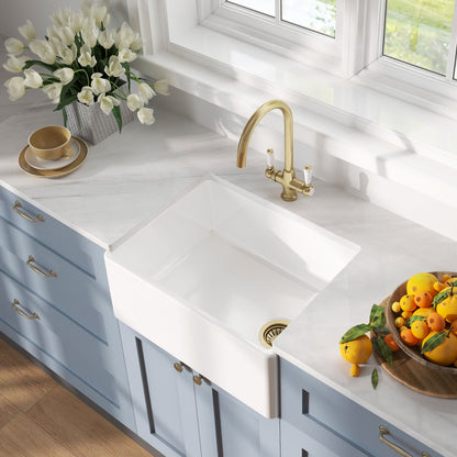 [BKS218WT12] Traditional Fireclay Kitchen Bundle: 1 Bowl Belfast Butler Sink with Strainer Waste & Mono Lever Tap, 595mm - Brushed Brass - Lifestyle 2